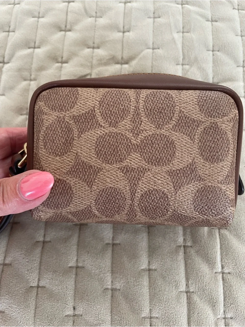 Coach Brown and Tan Interior Zip Pouch wristlet with Gold Hardware
